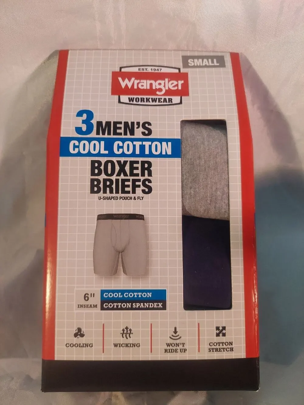 WRANGLER MENS COOL COTTON BOXER BRIEFS SIZE SMALL 3 PACK 6 INCH INSEAM STRETCH
